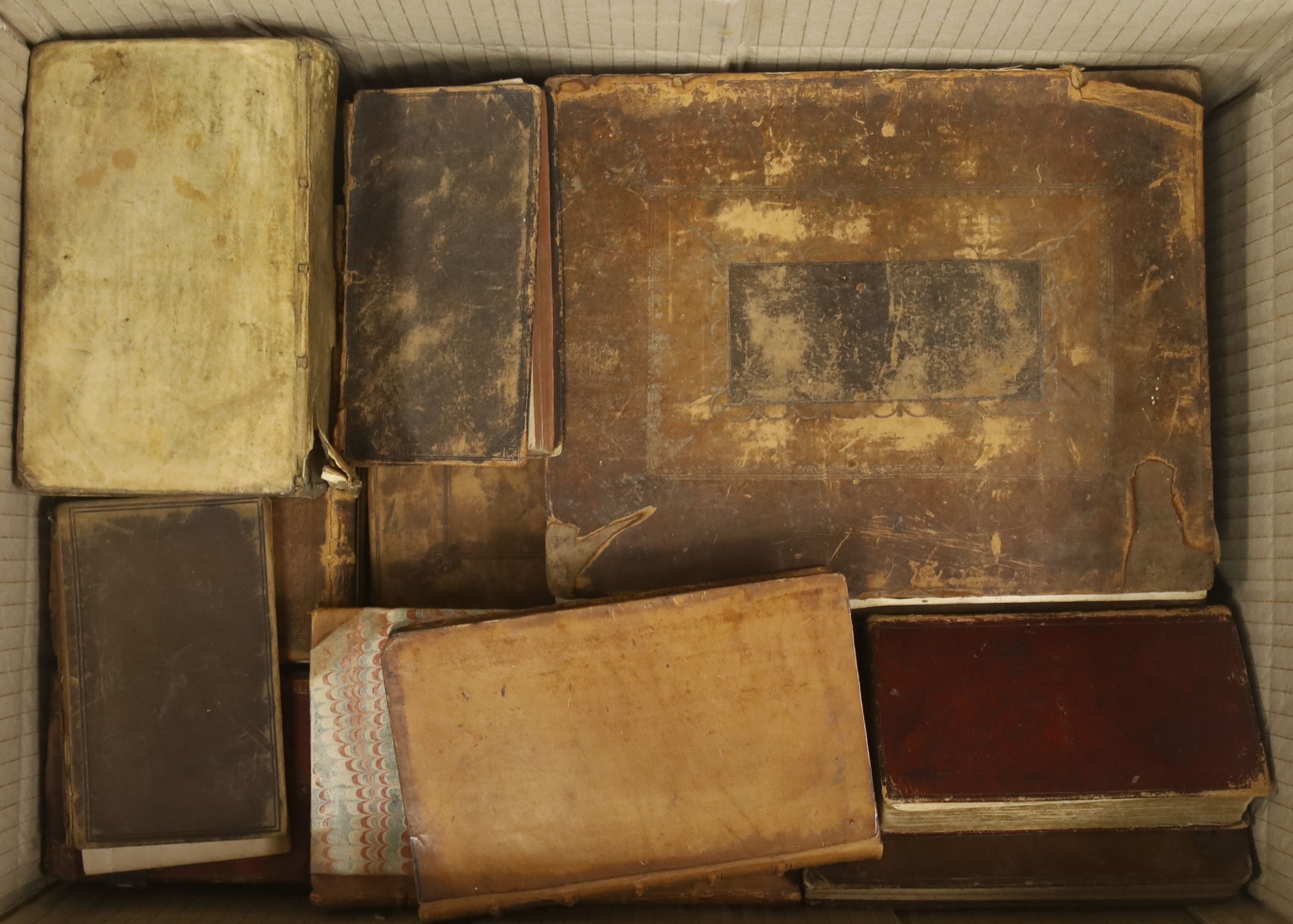 Old Leather - mainly religious, 18th and 19th century, includes Wesley's Life and Death of the Rev. John Fletcher (1786); La Liturgie.....des Prieres Publiques.....de L'Eglise Anglicanae.... (A La Haye, 1749); and 11 oth